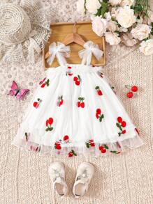 SHEIN Vintaside Kids Baby Girl Cherry Fruit Print Elegant And Cute Baby Mesh Dress With A Large Swing Dress - Multicolor - View 6