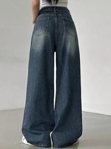 DAZY 女性時尚街頭風格長牛仔褲，帶有白色磨砂寬腿 - 深色水洗藍 - 查看 2