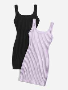 SHEIN EZwear 細肋針織純色女款毛衣裙，採用大圓領設計 - 紫丁香色 - 查看 2