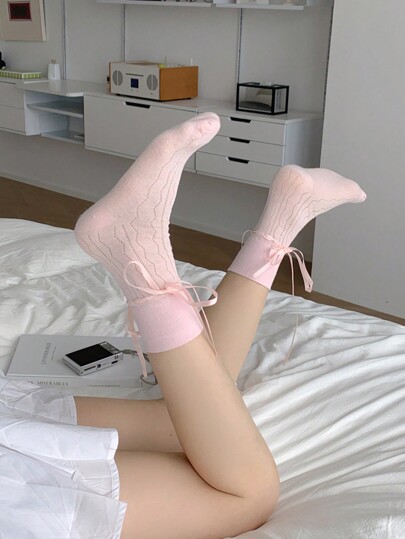 Fairycore Calcetines hasta la mitad de la pantorrilla con lazo de moño en la parte superior, 1 par