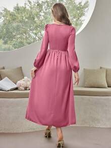 Mulvari 女式圓領泡袖交叉胸部收腰長裙 - 粉色 - 查看 2