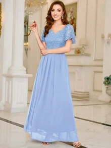 MIUSOL Contrast Sequin Lace Heart Neckline Ruffle Sleeve Evening Party Maxi Dress - Baby Blue - View 6