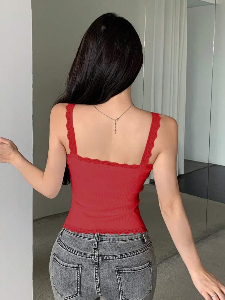 Solid Color Lace Trim Slim Fit Crop Top Tank With Front Button For Summer Going Out Tops