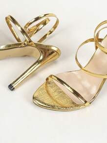 Women's Round Toe Multi-Strap Crisscross Ankle Strap Stiletto High Heel Sandals, Glamorous & For Party And Wedding, Gold,Summer Outfits - Gold - View 7