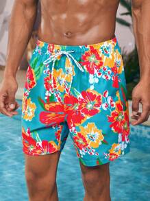 Manfinity VDAYZ 1 pieza Pantalón corto de playa con estampado floral gráfico para hombres, traje de baño a juego para parejas, para la playa, vacaciones, hawaiano
