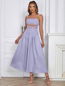 Set due pezzi da donna composto da top corto con cinturini di perle sintetiche e gonna lunga, in stile minimalista e sexy - Viola malva - Visualizzare 7