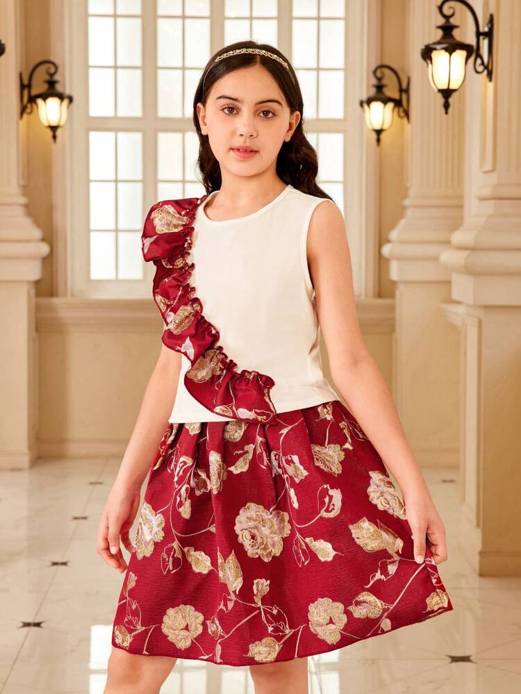 Tween Girl 2pcs/Set Gorgeous Elegant Jacquard A-Line Skirt With Ruffle Trimmed Top For Party And Festival