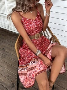 Breezaya Váy dây mảnh không tay in họa tiết toàn thân cho nữ, phù hợp mặc mùa hè, năm mới, trang phục đi biển Maxi - Đỏ - Xem 4