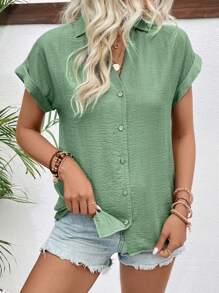 EMERY ROSE Women Summer Casual Solid Color Notched Collar Batwing Sleeve Shirt