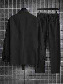 Manfinity Mode Men Solid Knot Front Blazer & Suit Trousers - Black - View 2