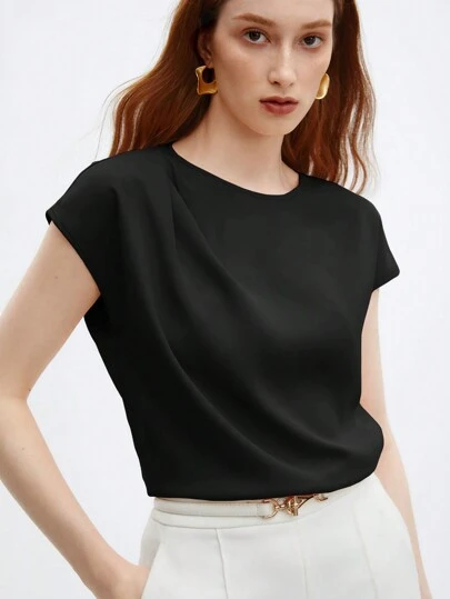 BizChic 女士纯色圆领荷叶边装饰泡泡袖宽松盖袖上衣，基本款都市通勤风格，简约时尚优雅商务休闲装，适合女士、教师、办公室穿着，秋季