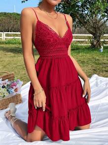 Soleia Guipure Lace Insert Frill Trim Cami Dress - Red - View 1