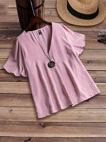 EMERY ROSE Plus Size Women's Butterfly Sleeve Button Up Shirt - Pink - View 1