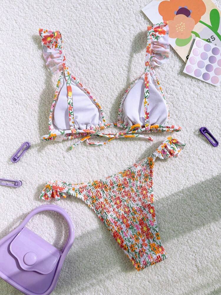 Casual Women Vacation Style Tie Dye Ditsy Floral Print Cap Sleeve Bikini Set, Summer Beach