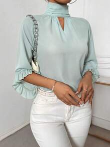 Ladies" Summer Casual Shirt With Keyhole Neckline And Ruffle Trim - Mint Green - View 5