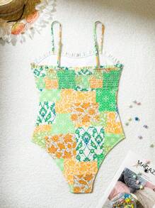 SHEIN Swim Women Holiday Style Floral Print V-Neck Halter One-Piece Swimsuit, Print Pattern Random Color Summer - Multicolor - View 2