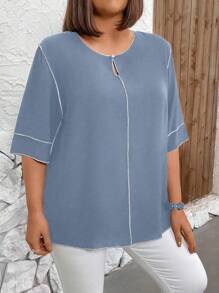 EMERY ROSE Camisa casual de talla grande con bloques de color y costuras expuestas para verano - Neblina azul - Ver 3