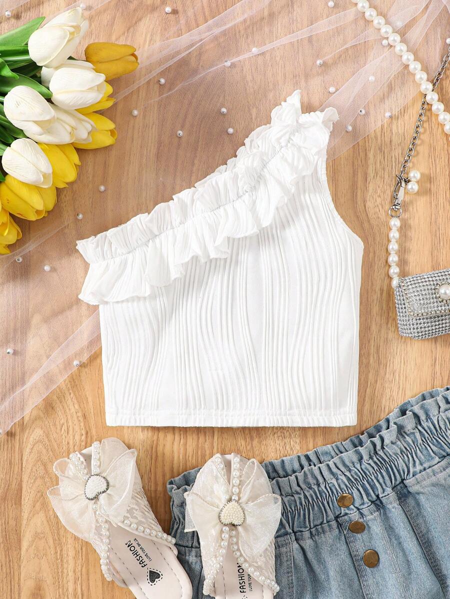 SHEIN Leap Crew Young Girl Knitted Jacquard Shoulder Strap Ruffle Decoration Tank Top With Leaf Edge For Summer - White - View 1