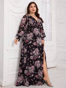 SUPGIR Plus Size Digital Floral Print V-Neck Lantern Sleeve Waist Pleated Elegant Dress