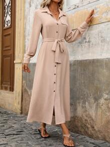 SHEIN LUNE Vestido camisero de manga larga con botones delanteros de color sólido para las vacaciones - Albaricoque - Ver 6