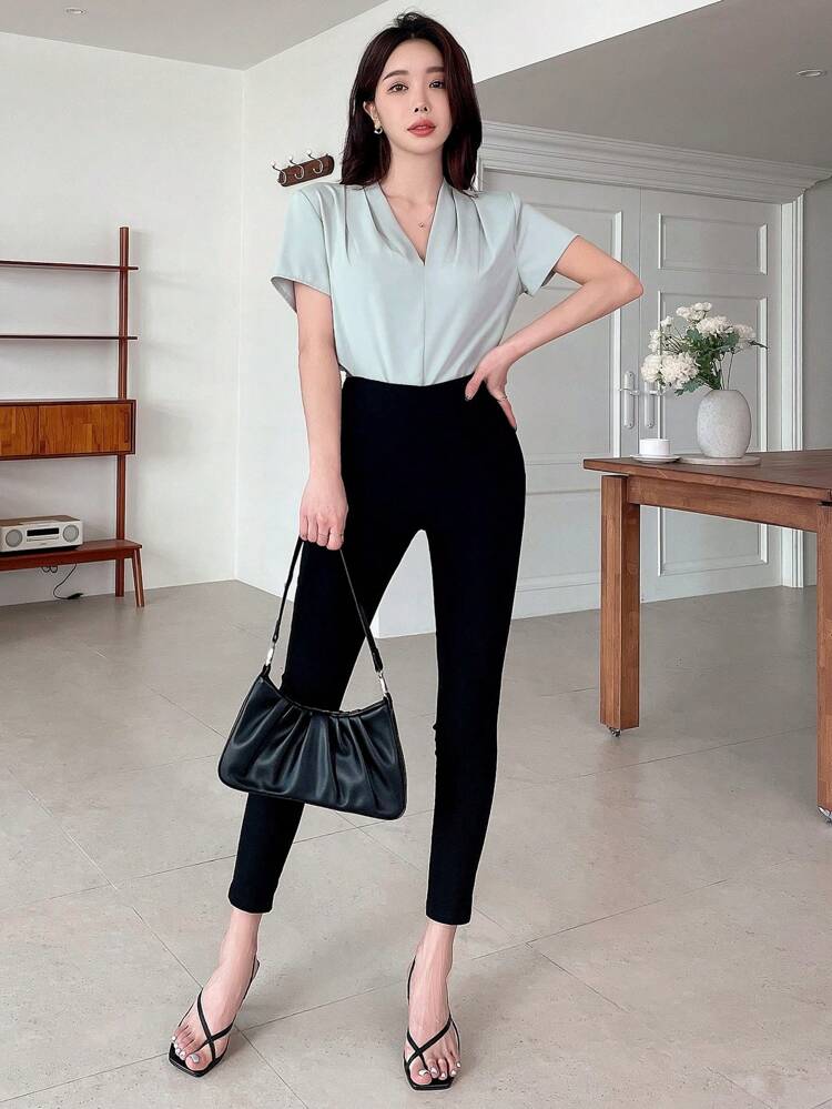 Solid Color V-Neck Pleated Short Sleeve Casual Shirt Summer,Business Casual Women,Back To School Clothes