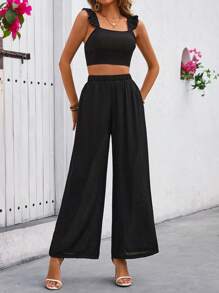 SHEIN Clasi 黑色宽松盖袖方领上衣配阔腿裤两件套夏季 - 黑色 - 查看 5