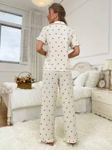 Zweifarbige Paspelierung Revers Kirschblüten Muster Damen Kurzarm Top Lange Hose Pyjama Set