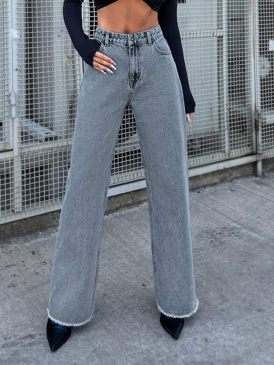 Straight Leg Jeans With Raw Hem - Blue - View 1