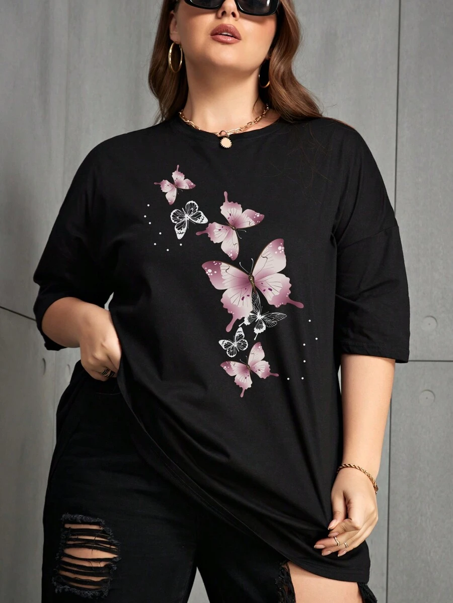 Parysyn Plus Size Summer Casual Butterfly Print Round Neck Loose Short Sleeve T-Shirt Graphic Tees Women Tops - Black - View 1