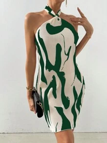 SHEIN Privé Vestido de moda de cuello halter con contraste de colores verde y blanco para mujer - Verde - Ver 3