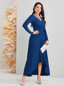 Modelyn Women Solid Color Drawstring Pleated Halter Neck Dress Long Evening Dresses - Royal Blue - View 5