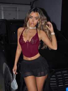 SHEIN ICON Women Tank Tops & Camis Backless Kontras Lace Tie Back Plain Seksi - Burgundy - View 5