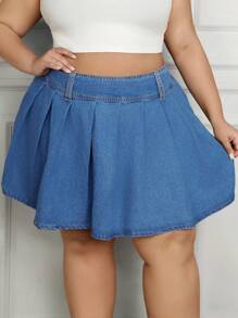 SHEIN CURVE+ Plus Size Elastic Waist Blue Denim Pleated Skirt