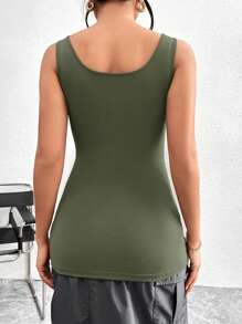 SHEIN Essnce Multicolor Women Solid Color Simple Style Sleeveless Casual Tank Top - Army Green - View 3