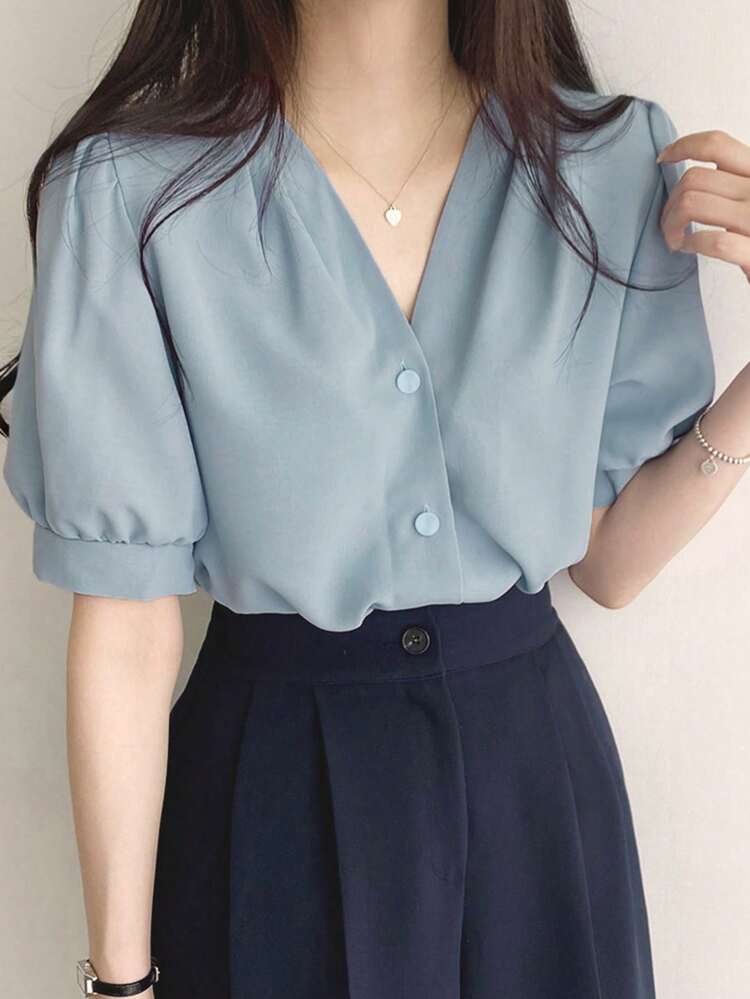 Solid Color Short Sleeve Shirt With V-Neckline And Front Buttons Summer