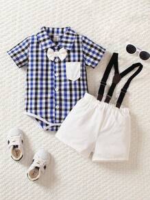 SHEIN Baby Boy Plaid Print Bow Front Shirt Bodysuit & Suspender Shorts - Multicolor - View 1
