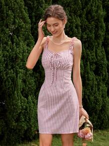Aveloria Vintage Vacation Elegant Color Block Plaid Ruffle Hem Square Neck Tie Waist Bowknot Mini Dress