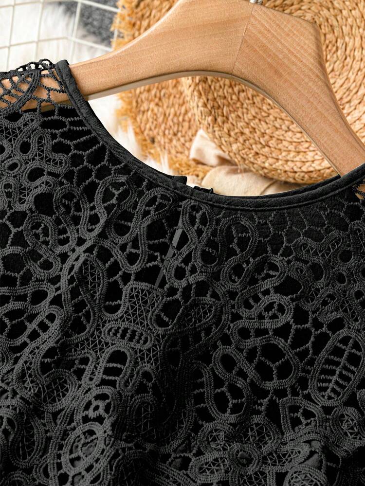 SHEIN LUNE 大尺碼女性拼接蕾絲圓領無袖夏季連衣裙 - 黑色 - 查看 5