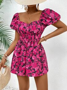 SHEIN VCAY 女士夏季假日花卉印花甜心領短泡泡袖連身褲，帶有彈性腰 - 玫紅色 - 查看 5