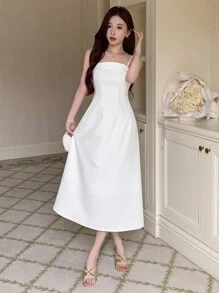 DAZY 女士时尚纯色吊带吊带返校节礼服舞会礼服优雅太阳裙婚礼女士连衣裙 - 白色 - 查看 2