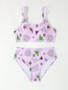 少女两件套花卉印花比基尼套装夏季海滩