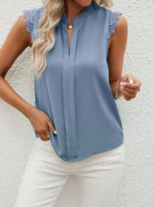 SHEIN Clasi Women Summer Notch V Neck Lace Patchwork Casual Shirt - Dusty Blue - View 6