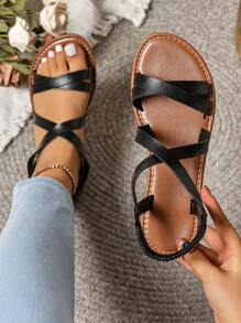 女性大尺碼十字平底涼鞋，舒適、輕便、休閒、萬用，適用於春夏、戶外穿著。 - 黑色 - 查看 1