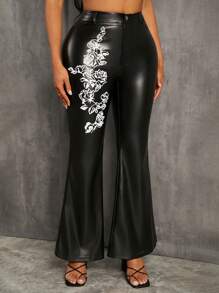 SHEIN SXY Black Faux Leather Flare Pants With Rose Embroidery - Black - View 2