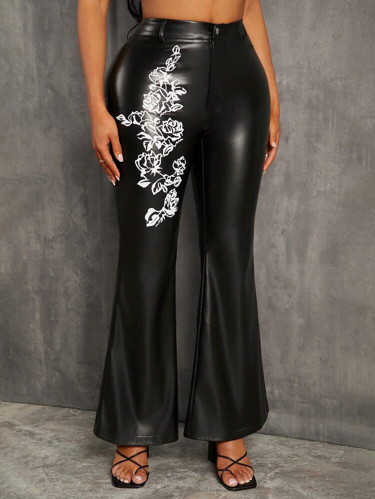 Black Faux Leather Flare Pants With Rose Embroidery