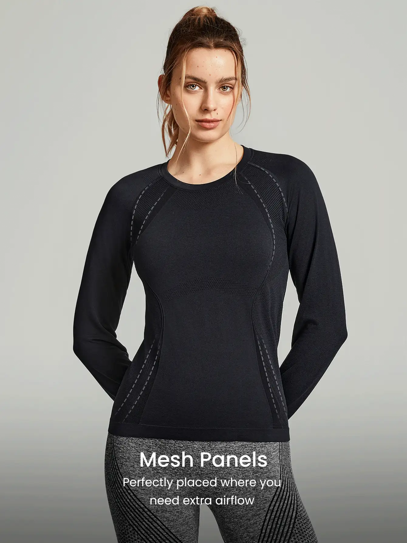 GLOWMODE Seamless Coolmax® Jacquard Relaxed Fit Long Sleeve Tee Workout Daily Summer - Black - View 8