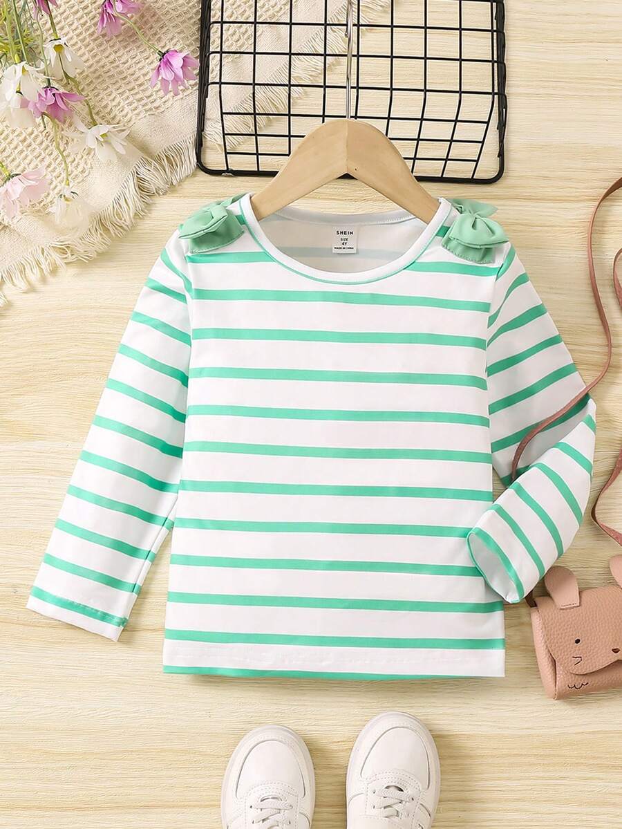 夏末秋初青春女孩時尚條紋長袖T恤，蝴蝶結裝飾細節 - 綠色 - 查看 1