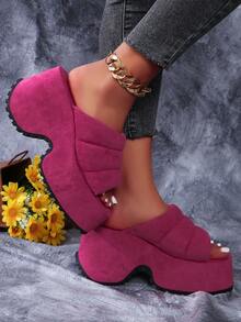 Women Pink Platform Wedge Sandals 2023 Summer New High Heel Slippers For Outdoors Wear - Hot Pink - View 2