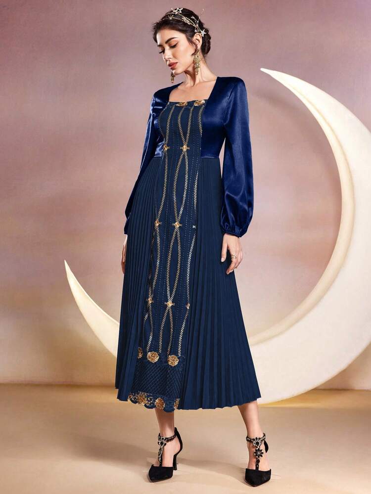 Women\ Positioning Embroidery Square Neck Lantern Sleeve Pleated Hem Spring Dress