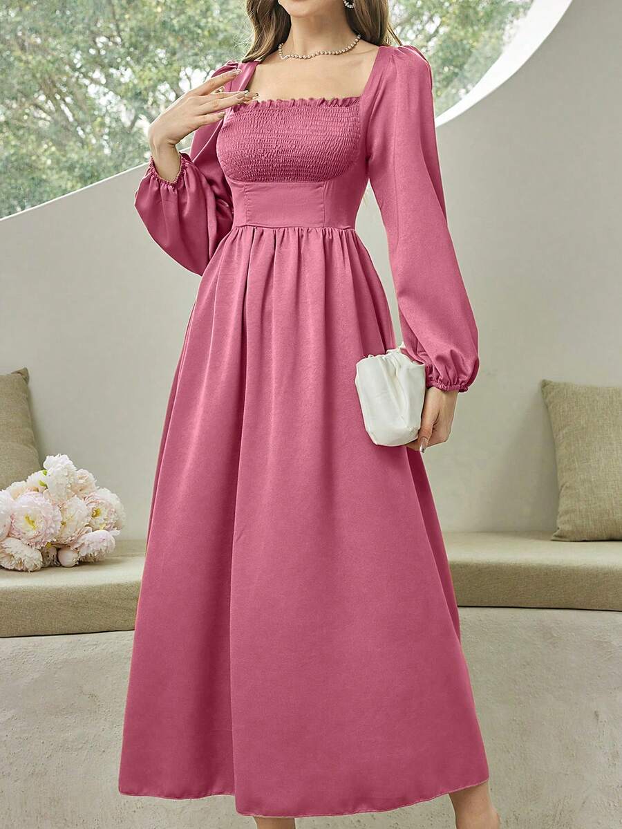 Mulvari 女式圓領泡袖交叉胸部收腰長裙 - 粉色 - 查看 1